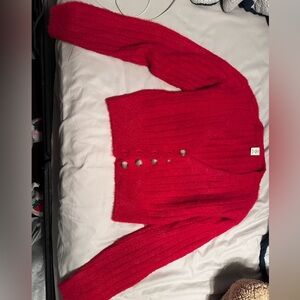 Urban Outfitters Red Ribbed V-Neck Button Cardigan